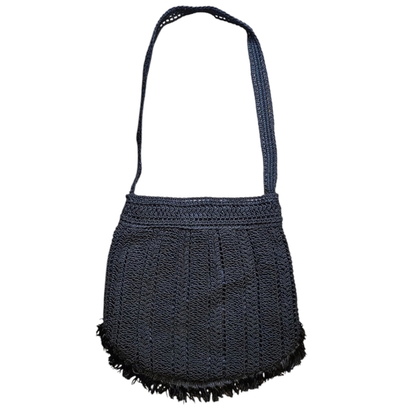 Vintage Black Macrame Purse Handmade Fringe Architectural Bag Boho Chic - Picture 4 of 11